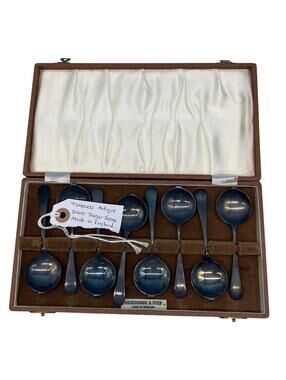 Vintage Abercrombie & Fitch Co Silver Plated Sugar Spoons Set Of 8 Case England